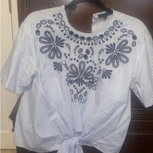 Chic Striped Blouse with Navy Embroidery